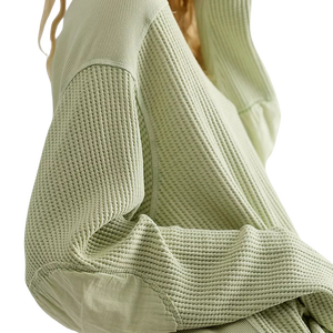 Women's Oversized Waffle Knit Crew Neck Long Sleeve T-Shirt Olive Color Breathable Ruffled Loose Fit Spring Summer Casual <b>Top</b> - Product Image 3