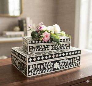 Boîte à bijoux rectangulaire moderne faite à la main avec fermeture magnétique et incrustation d'os, motif floral, pour la décoration intérieure - Product Image 6