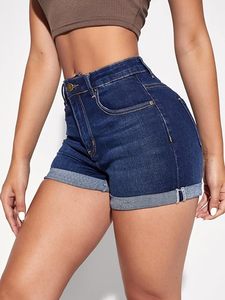Shorts en jean taille mi-haute pour femme, bleu foncé, écoresponsable, délavé, coupe droite, décontracté, été, en coton tissé - Product Image 1