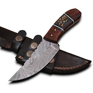 Cuchillo de Caza y Camping de Acero de Damasco Profesional de Alta Calidad con Hoja Fija, Mango de Madera de Palisandro y Cuerno de Carnero, Venta al por Mayor DIY EDC - Product Image 1