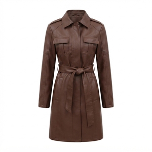 Veste en cuir PU pour femme, coupe courte et ajustée, ceinturée, style britannique, décontractée, printemps, automne, hiver, vente en gros, OEM - Product Image 2