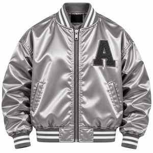 Astra <b>Sequin</b> Varsity <b>Jacket</b> <b>Men's</b> Silver Satin Zipper Closure Back Letter Design Preppy Style Autumn Wear - Product Image 2