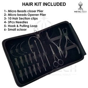Kit professionnel d'application et de retrait d'extensions capillaires noir mat, comprenant des pinces, des ciseaux, une aiguille à boucle, des clips avec étui de rangement - Product Image 6