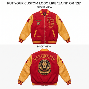 420 GSM Melton Wool Body PU <b>Leather</b> Sleeves Stand Varsity <b>Jacket</b> <b>Red</b> Gold Contrast Panel Custom Chenille Embroidery Patch Print - Product Image 1