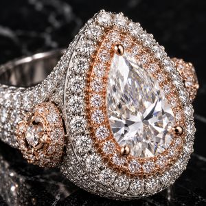 Bague personnalisée en moissanite taille poire VVS double halo, certifiée GRA, en or 14K bicolore, style hip-hop glacé, bijou raffiné pour homme - Product Image 2