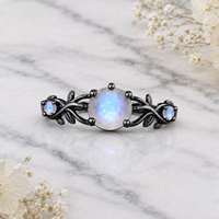 Ensemble de bagues de couple en pierre de lune gothique, romantique, plaqué or noir, argent sterling 925 massif, pierre précieuse ronde, ensemble de bagues de mariage pour couple