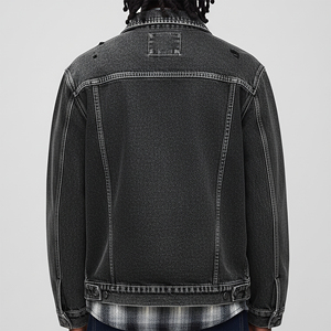 High Quality Ripped Single Button Closure Light Washed Bottom Hem <b>Denim</b> <b>Jacket</b> Turn Collar Long Front Winter Vintage Wool Men - Product Image 2