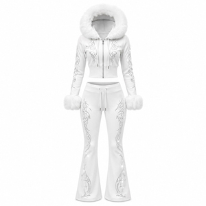 Custom Logo Rhinestone Fur Hooded Crop Jacket Bootcut Sweatpants Set <b>Ladies</b> Fleece Sweatsuit Sparkle Diamante <b>Outfit</b> Autumn - Product Image 3