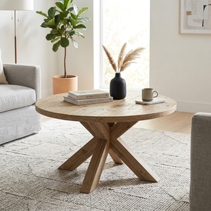 Modern Round Solid Wood Coffee <b>Table</b> Elegant Crossed X Base <b>Wooden</b> Accent <b>Table</b> For <b>Rustic</b> Living Room Setup Art Design Pure Art - Product Image 5