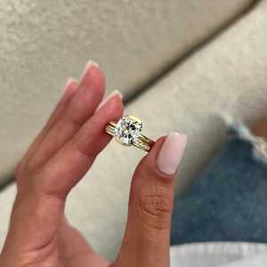 <b>UNIQUE</b> 3 Carat Cushion Lab Grown Diamond Half Bezel Flush Fit Bridal Set, Yellow Gold Dainty <b>Engagement</b> <b>Ring</b> Set, IGI Certified - Product Image 3