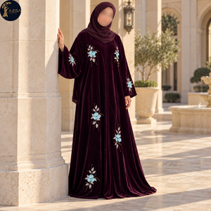Tela de Terciopelo Borgoña con Bordado de Flores Azules con Lentejuelas |   Tela Suave con Adornos para una Elegante Abaya Floral - Product Image 4