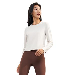 Haut de yoga pour femme, logo personnalisé, léger, manches longues, antibactérien, en spandex/nylon, col rond, ample, uni, vêtements de yoga de fitness - Product Image 6