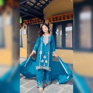 Diseñador Pure Chinon Bordado Secuencia Partywear Salwar Kameez Heavy Dupatta Set con OUTFIT TOP PLAZZO - Product Image 1