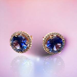 Boucles d'oreilles vintage en Tanzanite avec halo, fabriquées à la main en argent sterling 925 plaqué or rose 14 carats, vermeil, cadeau de mariage et pierre de naissance de décembre - Product Image 5