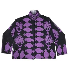 Sujani Khadi Cotton Eco-Friendly Mandarin Collar <b>Jacket</b> Autumn Outerwear <b>Fringed</b> Sequins Patchwork Decor Custom Logo Linen - Product Image 3