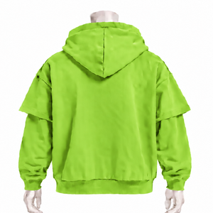 Sudadera con capucha de doble capa verde lima, oversize, de manga corta con capa superior de manga larga, estilo relajado, streetwear - Product Image 2