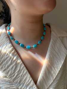 Collier en perles de turquoise naturelle et de grenat pour unisexe |   Bijoux en pierre précieuse turquoise véritable |   Fermoir plaqué or |   Party Vintage - Product Image 5