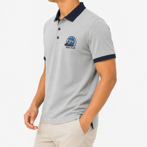 Chemise classique en piqué tricoté pour homme, broderie sur la poitrine, col contrastant, manches courtes, coton, vêtements de golf décontractés, OEM/ODM personnalisé - Product Image 2
