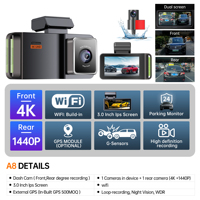 Penjualan Terbaik Dash Cam Dual lensa 4K Night Vision GPS WiFi APP kontrol rekaman Loop WDR garansi 1 tahun layar IPS