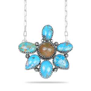 Collier statement en laiton plaqué argent, turquoise d'Arizona, style Navajo, fait main, design unique, cadeau d'anniversaire, bijoux vintage - Product Image 1