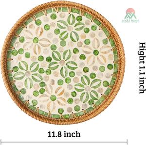 ถาดหวายทรงกลมฝังมุก, ถาดหวายตกแต่งฐานไม้, ถาดสานงานฝีมือ - Product Image 6