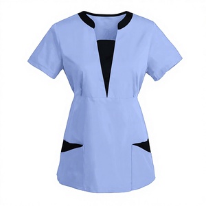 Unisex Light Blue V-Neck <b>Scrub</b> <b>Set</b> with Black Trim and Pockets Cotton Chiffon Woven Hospital Uniform Needle Detection - Product Image 2