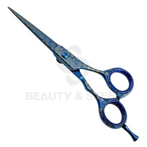 Professional Deep Blue Hair Cutting <b>Shears</b> with Floral Patterned Blade and Jeweled Pivot for Precision Styling - Product Image 2