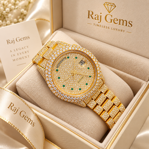 นาฬิกาข้อมือหรูหรา Raj Gems หน้าปัดแสดงผลแบบอนาล็อก กระจกแซฟไฟร์ สายสแตนเลสสตีลสีเหลืองทอง แฟชั่นสำหรับทุกเพศ กันน้ำ - Product Image 1