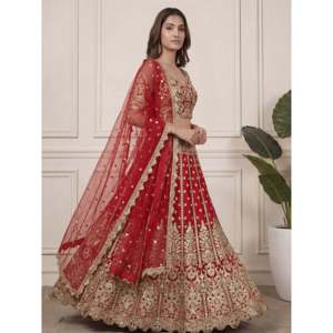 Red Zari Embroidered Net A-Line <b>Wedding</b> Lehenga Choli for Party - Product Image 4