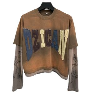 Camiseta de Manga Larga de Doble Capa para Hombre, Estilo Urbano Holgado, Cuello Redondo, Diseño con Apliques, 100% Algodón Tejido - Product Image 1