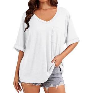 Women <b>V</b>-<b>Neck</b> Loose Fit White Cotton <b>T</b>-<b>Shirt</b> With Pocket Casual Short Sleeve Top Spring Summer Style - Product Image 1