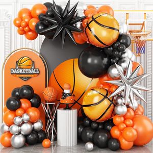 Kit de Arco de Globos Metalizados Explosión de Estrellas de Baloncesto, Guirnalda Negra, Naranja y Plateada para Decoración de Fiestas - Product Image 1