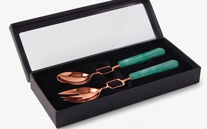 Ensemble de couverts couleur cuivre avec manche en céramique verte, cuillère et fourchette, design moderne, passe au lave-vaisselle, pour usage en cuisine - Product Image 6