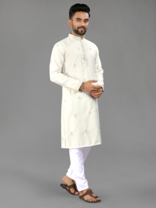Kurta Blanca de Algodón para Hombre con Bordado, Corte Regular, Largo hasta la Rodilla, Estilo Tradicional Indio-Pakistaní para Bodas, Fiestas y Diwali - Product Image 1