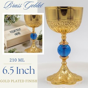Elegant Brass <b>Goblet</b> With Blue Stone Base Embossed Design Round <b>Wine</b> Cup Handmade For Wedding Decorative Use - Product Image 5