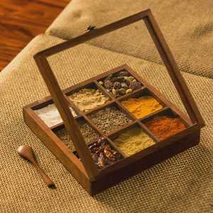 Handcrafted Wooden <b>Spice</b> <b>Box</b> with 12 Compartments & Glass Lid | Traditional Masala Organizer Sheesham Wood Kitchen Storage - Product Image 3