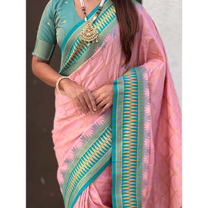 ผ้าไหมซาหรีสีชมพูอ่อนแบบดั้งเดิม แต่งลายซารีแบบตัดกัน พร้อมผ้าคลุมไหล่ไหมเนื้อนุ่มลายตาราง - Product Image 4