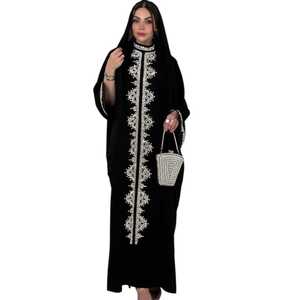 Elegant Black Abaya With Silver Beaded Embroidery High Neck Long Sleeve Floor Length Loose Fit Women Middle East Party Wear - Product Image 6