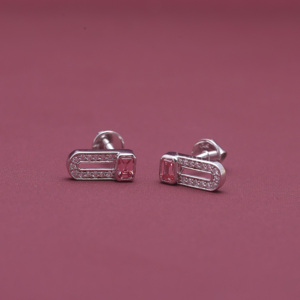 IGI Certified Lab Grown Diamond Pink Emerald Cut Paperclip <b>Stud</b> <b>Earrings</b> in 14K White / Rose & Yellow Gold Geometric <b>Earrings</b> - Product Image 2