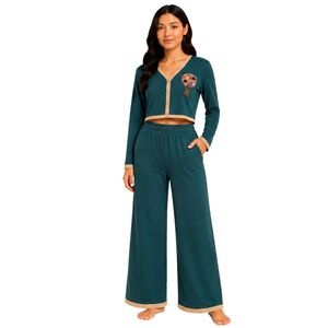 Manufacturer Womens Teal and <b>Beige</b> Long Sleeve Crop <b>Cardigan</b> Wide Leg Pajama Set Soft Breathable Lounge Sleepwear Custom OEM - Product Image 1