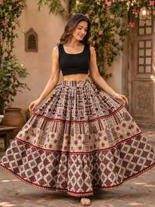 Black <b>Red</b> White Printed Cotton <b>Lehenga</b> Floor Length Loose Fit Women Ethnic Bottomwear India Pakistan Party Wear - Product Image 5