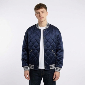 <b>Heated</b> Thermal Diamond Quilted Silk Satin Winter Jacket Heavy <b>Padded</b> Fleece Linings Striped Ribbed Collar Baseball Jackets - Product Image 1