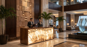 Comptoir de réception contemporain en bois et onyx rétroéclairé sur mesure de luxe pour hall d'hôtel, bureau, salon, centre commercial - Product Image 6