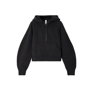 Women's Black Hooded Crop <b>Top</b> Fleece Sweatshirt With <b>Zipper</b> Front Casual Style Short Length Full Sleeve Solid Color Autumn Wear - Product Image 1