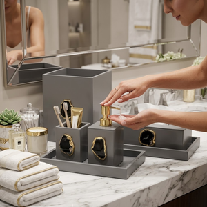 Premium Designer Glass Bathroom Set | Soap Dispenser, <b>Toothbrush</b> <b>Holder</b>, Tumbler & Tray | Stylish Luxury Bathroom Accessories - Product Image 5