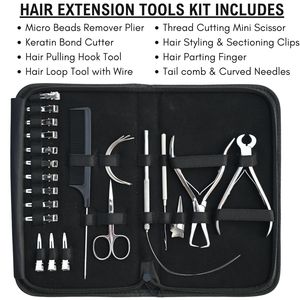 Kit d'outils pour extensions capillaires : Dissolvant de micro-perles, Coupe-liaisons à la kératine, Crochets, Pinces à boucles, Ciseaux à doigts, Peigne, Aiguille, Ensemble d'accessoires - Product Image 2