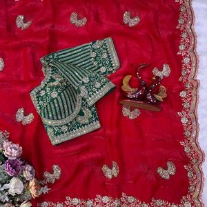 Sari en satin doux de qualité supérieure avec broderies de sequins et de zari, et blouse de créateur entièrement cousue, prix de gros par Royal Export - Product Image 6