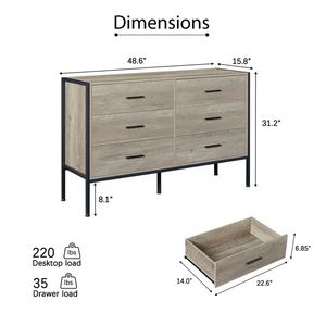 Solid Wood Dresser 6 Drawers Sturdy Steel Frame 48.58"W 15.75" Wooden <b>Storage</b> Closet for Bedroom Elegant Closet for <b>Clothes</b> - Product Image 6
