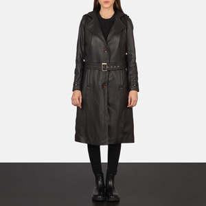 Manteau trench coupe-vent en cuir PU pour femme, style élégant et classique, avec chapeau amovible, vêtement d'extérieur long de qualité supérieure - Product Image 6