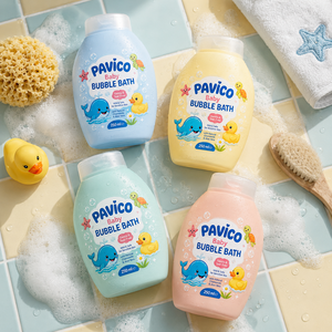Botella de Baño de Burbujas para Bebés Personalizada, Ovalada, de Plástico HDPE de 250 ml, Color Pastel, Tapa Abatible, Jabón Líquido, Marca Pavico, Fabricante Vietnamita - Product Image 4